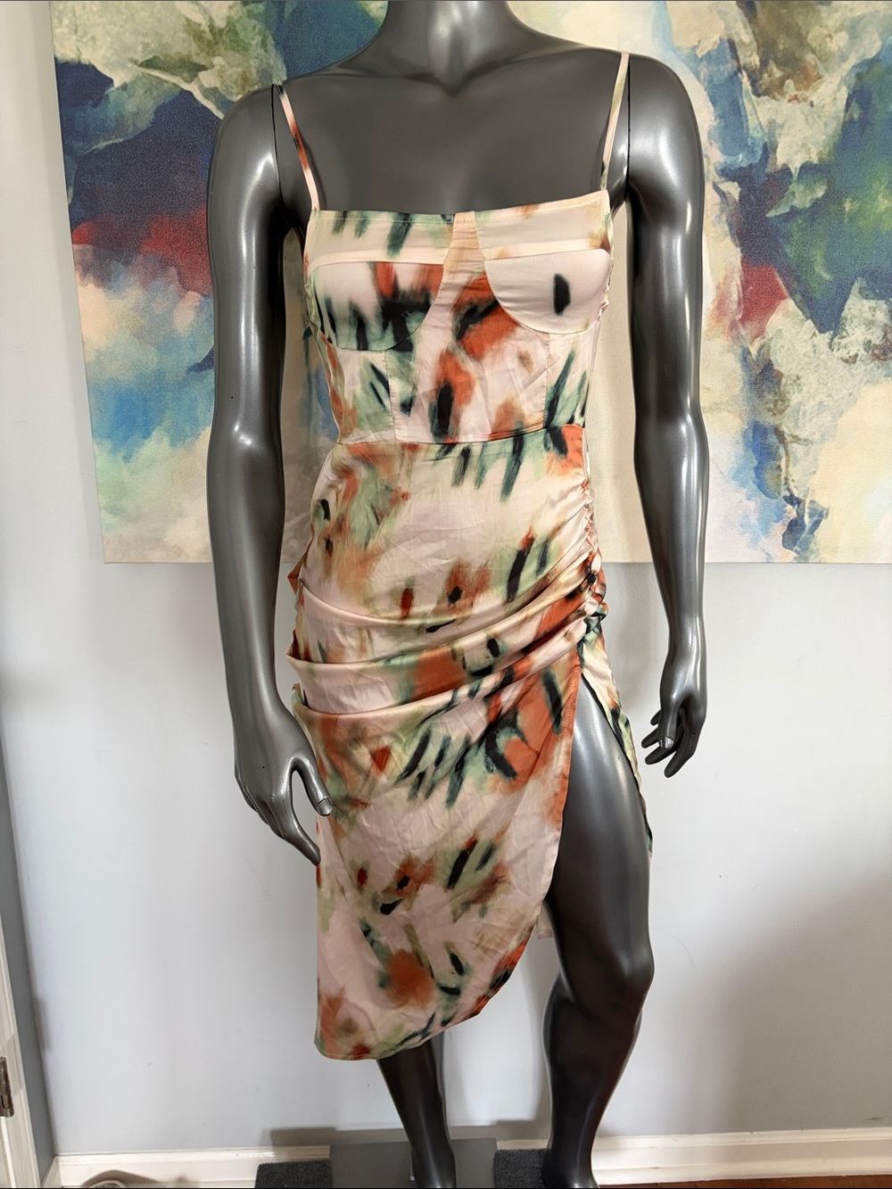 SHEIN Cream Abstract Ruched Midi Dress with Green & Orange Accents